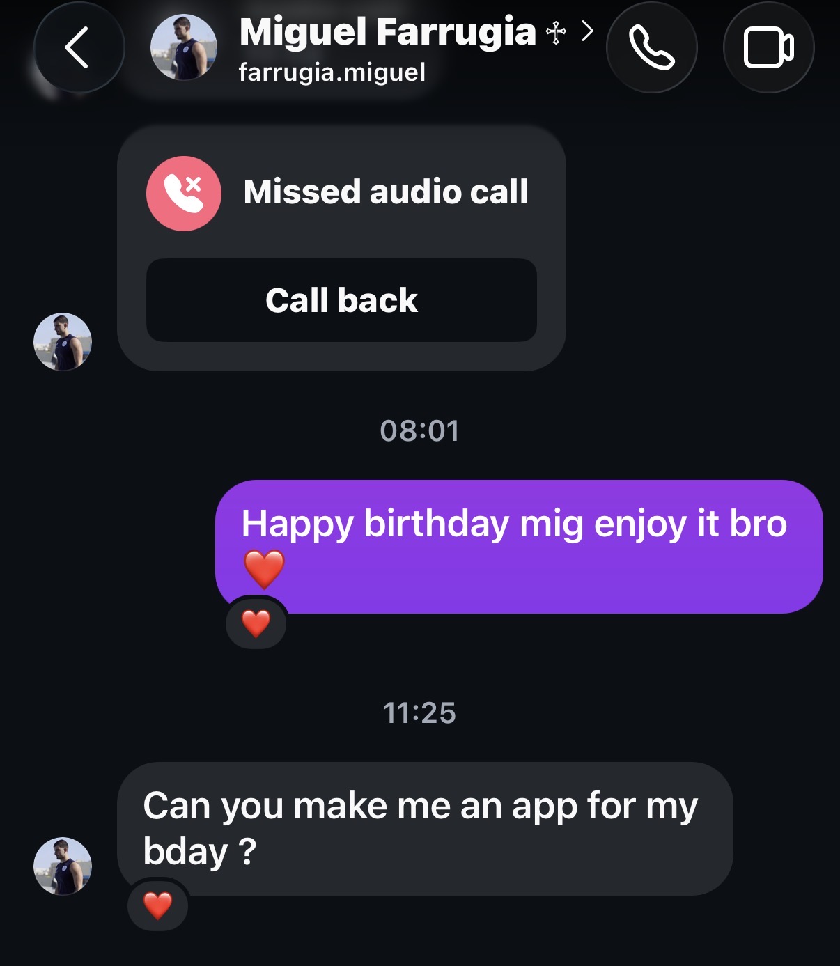 Message from Miguel asking for a birthday app